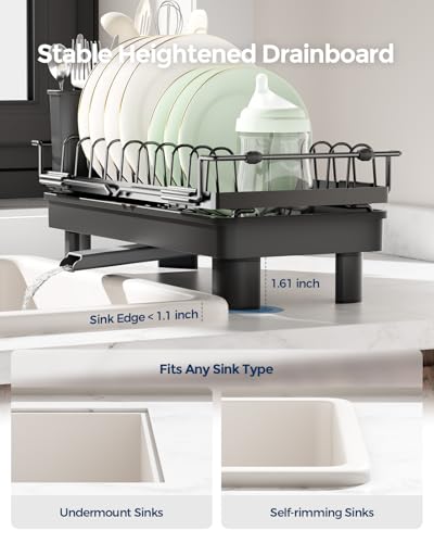 Nacial 2-in-1 Small Dish Drying Rack Fits 14''–21.8'' Sink, Dish Drainers for Kitchen Counter Extend Kitchen Sink Drain Basket with Utensil Holder & Auto-Drain Tray, Stainless Steel Plate Rack, Black - My Kitchen Products