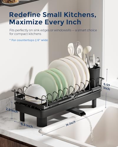 Nacial 2-in-1 Small Dish Drying Rack Fits 14''–21.8'' Sink, Dish Drainers for Kitchen Counter Extend Kitchen Sink Drain Basket with Utensil Holder & Auto-Drain Tray, Stainless Steel Plate Rack, Black - My Kitchen Products