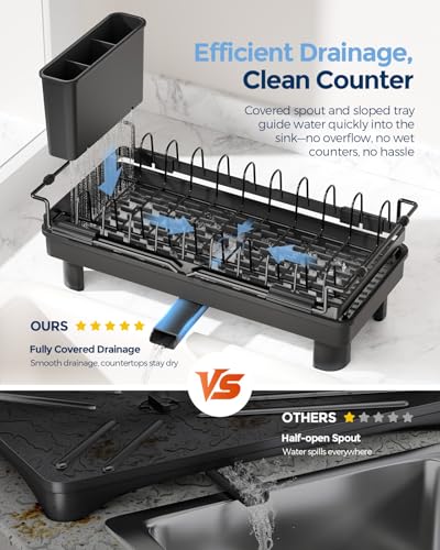 Nacial 2-in-1 Small Dish Drying Rack Fits 14''–21.8'' Sink, Dish Drainers for Kitchen Counter Extend Kitchen Sink Drain Basket with Utensil Holder & Auto-Drain Tray, Stainless Steel Plate Rack, Black - My Kitchen Products