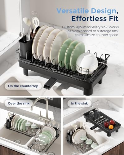 Nacial 2-in-1 Small Dish Drying Rack Fits 14''–21.8'' Sink, Dish Drainers for Kitchen Counter Extend Kitchen Sink Drain Basket with Utensil Holder & Auto-Drain Tray, Stainless Steel Plate Rack, Black - My Kitchen Products