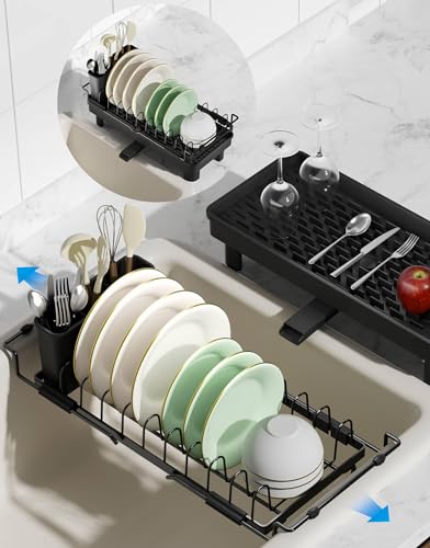 Nacial 2-in-1 Small Dish Drying Rack Fits 14''–21.8'' Sink, Dish Drainers for Kitchen Counter Extend Kitchen Sink Drain Basket with Utensil Holder & Auto-Drain Tray, Stainless Steel Plate Rack, Black - My Kitchen Products