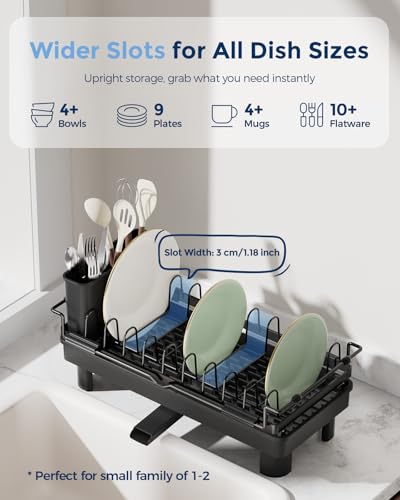 Nacial 2-in-1 Small Dish Drying Rack Fits 14''–21.8'' Sink, Dish Drainers for Kitchen Counter Extend Kitchen Sink Drain Basket with Utensil Holder & Auto-Drain Tray, Stainless Steel Plate Rack, Black - My Kitchen Products