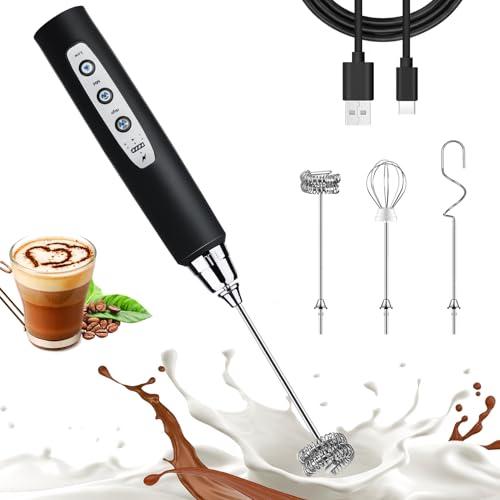 Nahida Black Milk Frother Wand for Coffee, Frother Handheld Rechargeable Electric Whisk Drink Mixer with 3 Heads 3 Speeds Coffee Frother Electric Stirrer For Latte, Cappuccino, Hot Chocolate - My Kitchen Products