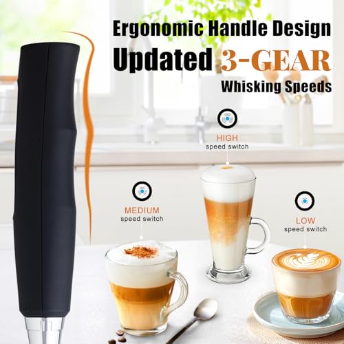 Nahida Black Milk Frother Wand for Coffee, Frother Handheld Rechargeable Electric Whisk Drink Mixer with 3 Heads 3 Speeds Coffee Frother Electric Stirrer For Latte, Cappuccino, Hot Chocolate - My Kitchen Products