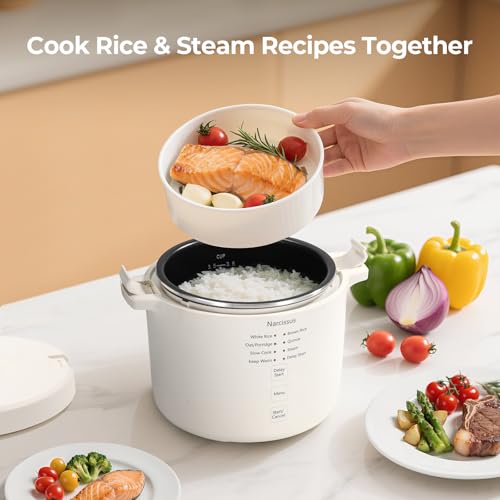 Narcissus 3.5-Cup Rice Cooker for 1-3 People, Multifunctional for Rice, Oatmeal, Quinoa - Slow Cook, Steam, Cook Rice & Steam Dish Together, Rice White - My Kitchen Products
