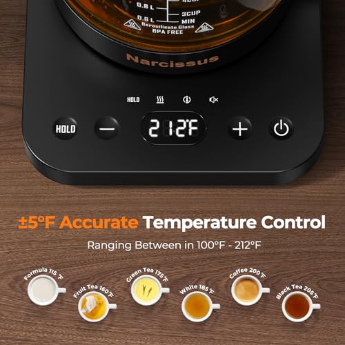 Narcissus Electric Kettle Temperature Control ±5℉, 1.8L Glass Electric Tea Kettle with Removable Infuser for Flowers & Fruit Tea, 1200W Fast Boiling, 6 Hours Keep Warming, Black - My Kitchen Products