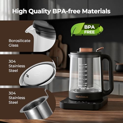 Narcissus Electric Kettle Temperature Control ±5℉, 1.8L Glass Electric Tea Kettle with Removable Infuser for Flowers & Fruit Tea, 1200W Fast Boiling, 6 Hours Keep Warming, Black - My Kitchen Products