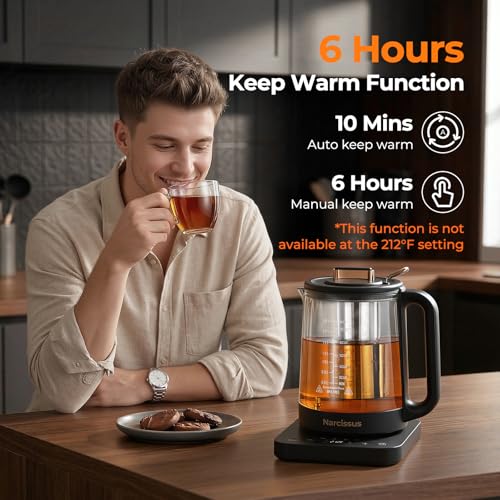 Narcissus Electric Kettle Temperature Control ±5℉, 1.8L Glass Electric Tea Kettle with Removable Infuser for Flowers & Fruit Tea, 1200W Fast Boiling, 6 Hours Keep Warming, Black - My Kitchen Products