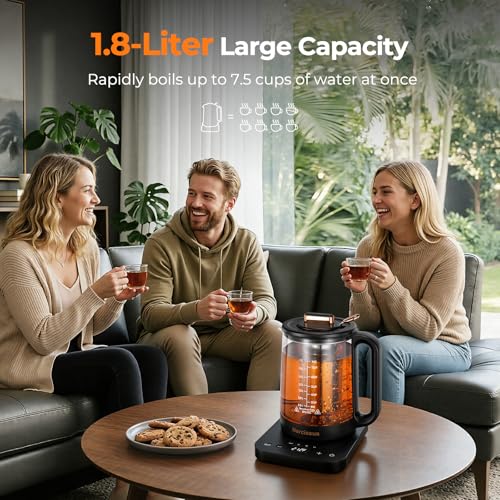 Narcissus Electric Kettle Temperature Control ±5℉, 1.8L Glass Electric Tea Kettle with Removable Infuser for Flowers & Fruit Tea, 1200W Fast Boiling, 6 Hours Keep Warming, Black - My Kitchen Products
