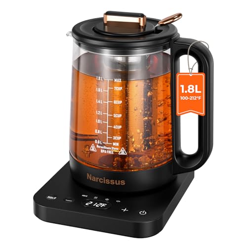 Narcissus Electric Kettle Temperature Control ±5℉, 1.8L Glass Electric Tea Kettle with Removable Infuser for Flowers & Fruit Tea, 1200W Fast Boiling, 6 Hours Keep Warming, Black - My Kitchen Products