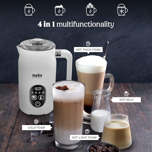 NELO Electric Milk Frother, 4 In 1 Digital Milk Frother and Steamer with Real-Time Temperature Control, Automatic Frother for Coffee, Latte, Hot Chocolate, Cappuccino, BPA Free Stainless Steel (White) - My Kitchen Products