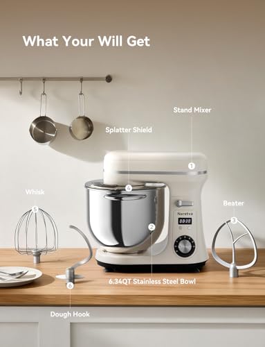 Neretva Stand Mixer, 6.34QT & 6 Speed Professional Mixers Kitchen Electric Stand Mixer Super Stable & Lower Noise Household Stand Mixer with Stainless Steel Bowl, Whisk, Flat Beater, Dough Hook -Beige - My Kitchen Products