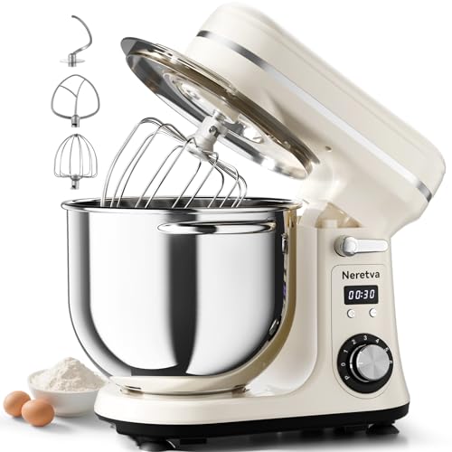 Neretva Stand Mixer, 6.34QT & 6 Speed Professional Mixers Kitchen Electric Stand Mixer Super Stable & Lower Noise Household Stand Mixer with Stainless Steel Bowl, Whisk, Flat Beater, Dough Hook -Beige - My Kitchen Products