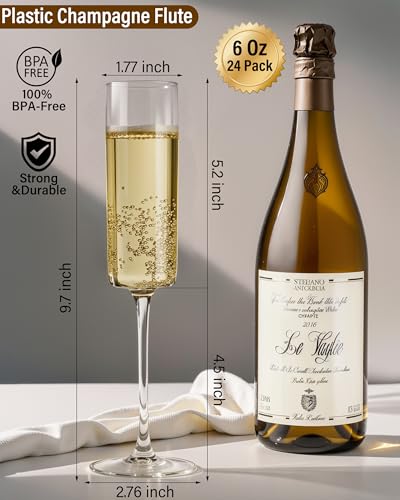 Nervure 24 Pack Plastic Champagne Flutes - 6 Oz Clear Disposable Champagne Flutes - Square Plastic Toasting Glasses for Party Birthday Anniversary Wedding - My Kitchen Products