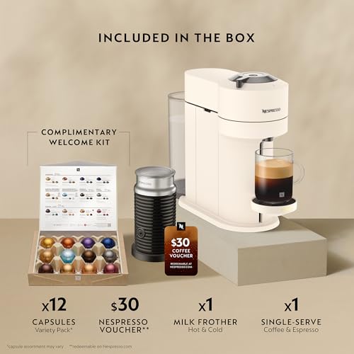 Nespresso Vertuo Next Premium Coffee and Espresso Maker by Breville with Aeroccino Milk Frother, Creamy White Dark Chrome - My Kitchen Products