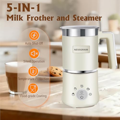 NESSGRAIM 5-in-1 Electric Milk Frother, Automatic Milk Frother & Steamer for Hot & Cold Foam, Large Capacity Milk Warmer for Latte Cappuccino, Hot Chocolate Maker, Dishwasher Safe (Beige) - My Kitchen Products