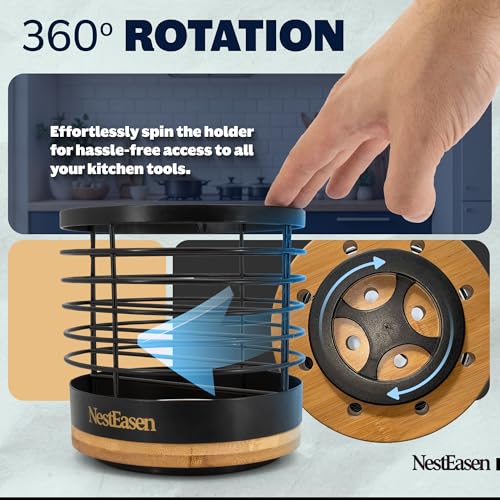 NestEasen Utensil Holder for Kitchen Counter - Rotating Utensil Holder for Countertop, Wooden Steel Spatula Holder Organizer, Large Decor Caddy for Kitchen Utensils and Cooking Spoon Container - My Kitchen Products