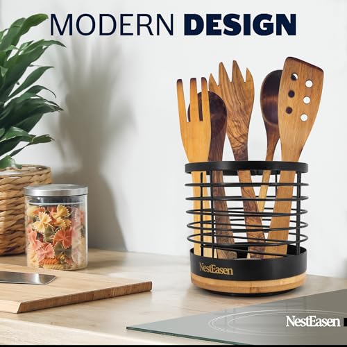 NestEasen Utensil Holder for Kitchen Counter - Rotating Utensil Holder for Countertop, Wooden Steel Spatula Holder Organizer, Large Decor Caddy for Kitchen Utensils and Cooking Spoon Container - My Kitchen Products