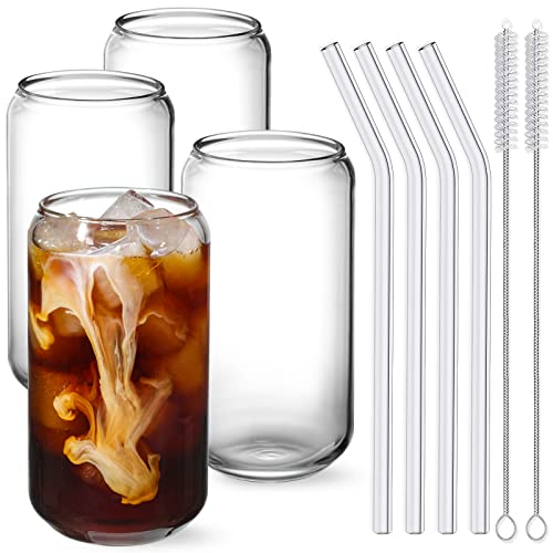 NETANY Drinking Glasses with Glass Straw 4pcs Set, 16oz Highball Glass Cups, Beer Glasses, Iced Coffee