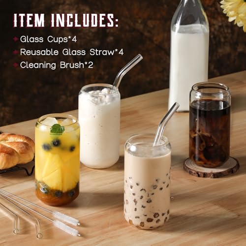 NETANY Drinking Glasses with Glass Straw 4pcs Set - 16oz Highball Glass Cups, Beer Glasses, Iced Coffee Glasses, Cute Tumbler Cup, Ideal for Whiskey, Soda, Tea, Water, Gift, 2 Brushes - My Kitchen Products