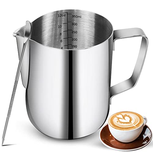 NewGF Milk Frothing Pitchers-12oz/350ML Stainless Steel Steaming Pitchers, Scale Coffee/Milk/Cappuccino/Latte Art Barista Steam Pitchers, Milk Jug Cup with Decorating Pen-Silver - My Kitchen Products