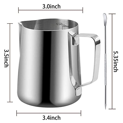 NewGF Milk Frothing Pitchers-12oz/350ML Stainless Steel Steaming Pitchers, Scale Coffee/Milk/Cappuccino/Latte Art Barista Steam Pitchers, Milk Jug Cup with Decorating Pen-Silver - My Kitchen Products