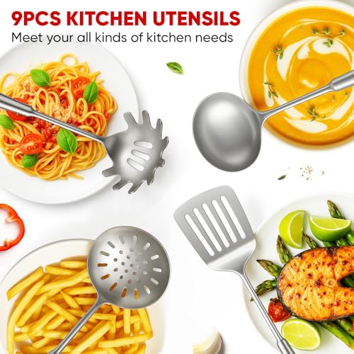 Newness 9 Pcs Cooking Utensils Set, 304 Stainless Steel Kitchen Utensils Set, Metal Kitchen Accessories, Include Soup Ladle, Slotted Skimmer Spoon, Spaghetti Spoon and Spatula, Dishwasher Safe - My Kitchen Products