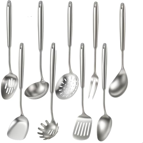 Newness 9 Pcs Cooking Utensils Set, 304 Stainless Steel Kitchen Utensils Set, Metal Kitchen Accessories, Include Soup Ladle, Slotted Skimmer Spoon, Spaghetti Spoon and Spatula, Dishwasher Safe - My Kitchen Products