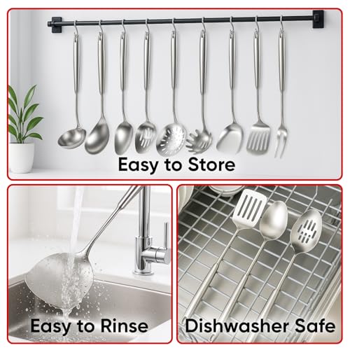 Newness 9 Pcs Cooking Utensils Set, 304 Stainless Steel Kitchen Utensils Set, Metal Kitchen Accessories, Include Soup Ladle, Slotted Skimmer Spoon, Spaghetti Spoon and Spatula, Dishwasher Safe - My Kitchen Products