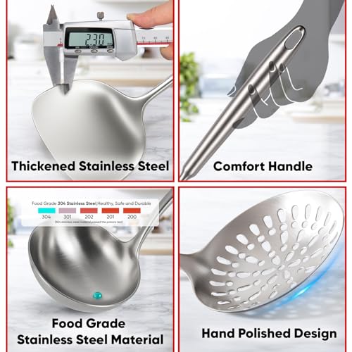 Newness 9 Pcs Cooking Utensils Set, 304 Stainless Steel Kitchen Utensils Set, Metal Kitchen Accessories, Include Soup Ladle, Slotted Skimmer Spoon, Spaghetti Spoon and Spatula, Dishwasher Safe - My Kitchen Products