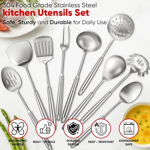 Newness 9 Pcs Cooking Utensils Set, 304 Stainless Steel Kitchen Utensils Set, Metal Kitchen Accessories, Include Soup Ladle, Slotted Skimmer Spoon, Spaghetti Spoon and Spatula, Dishwasher Safe - My Kitchen Products