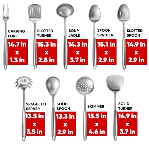 Newness 9 Pcs Cooking Utensils Set, 304 Stainless Steel Kitchen Utensils Set, Metal Kitchen Accessories, Include Soup Ladle, Slotted Skimmer Spoon, Spaghetti Spoon and Spatula, Dishwasher Safe - My Kitchen Products