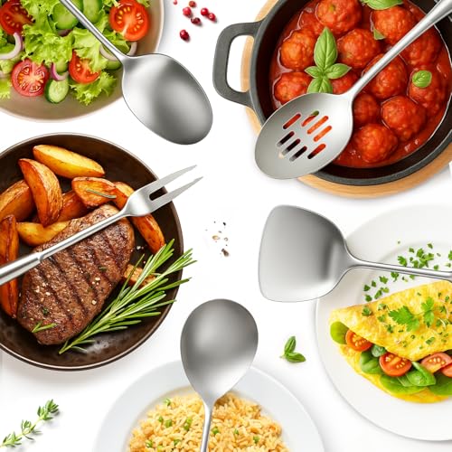 Newness 9 Pcs Cooking Utensils Set, 304 Stainless Steel Kitchen Utensils Set, Metal Kitchen Accessories, Include Soup Ladle, Slotted Skimmer Spoon, Spaghetti Spoon and Spatula, Dishwasher Safe - My Kitchen Products