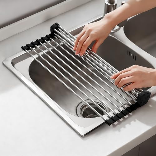 NEZUIBAN Dish Drying Rack with Roll Up and Over Sink for Kitchen,17.5"x11.8",Black - My Kitchen Products