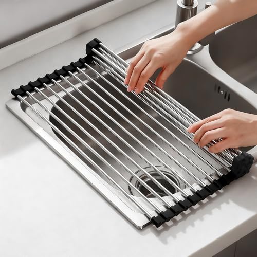 NEZUIBAN Dish Drying Rack with Roll Up and Over Sink for Kitchen,17.5"x15.7",Black - My Kitchen Products