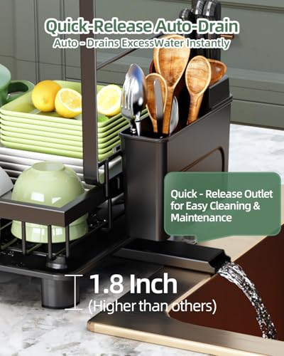 Nfnoyp Dish Drying Rack, 2 Tier Space-Saving Dish Rack, Multifunctional Dish Drainer for Kitchen Counter with Drainboard/Utensil/Cup Holder Rustproof Carbon Steel, Black - My Kitchen Products