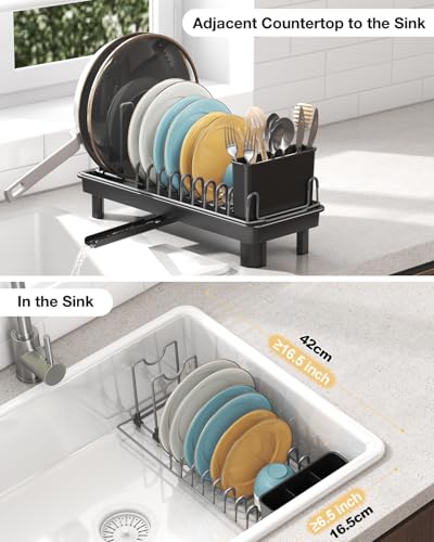 Nfnoyp Small Dish Drying Rack Carbon Steel Dish Rack Rustproof for Kitchen Counter Compact Dish Drainer with Adjustable Slots for Small Kitchens & Apartments 16.5×6.5×7inch Black - My Kitchen Products