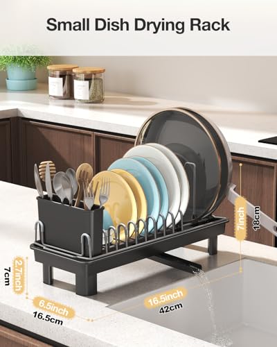 Nfnoyp Small Dish Drying Rack Carbon Steel Dish Rack Rustproof for Kitchen Counter Compact Dish Drainer with Adjustable Slots for Small Kitchens & Apartments 16.5×6.5×7inch Black - My Kitchen Products