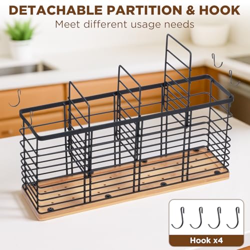 Nigelia 4 Compartments Extra Large Kitchen Utensil Holder with Wooden Base, Metal Organizer for Kitchen Countertop, Matte Black Cooking Utensils Holder with 4 Hooks for Tools Storage - My Kitchen Products