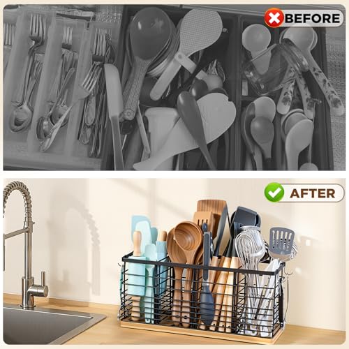 Nigelia 4 Compartments Extra Large Kitchen Utensil Holder with Wooden Base, Metal Organizer for Kitchen Countertop, Matte Black Cooking Utensils Holder with 4 Hooks for Tools Storage - My Kitchen Products