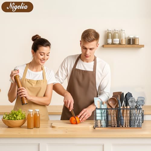Nigelia 4 Compartments Extra Large Kitchen Utensil Holder with Wooden Base, Metal Organizer for Kitchen Countertop, Matte Black Cooking Utensils Holder with 4 Hooks for Tools Storage - My Kitchen Products