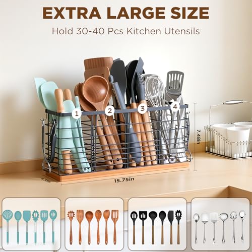 Nigelia 4 Compartments Extra Large Kitchen Utensil Holder with Wooden Base, Metal Organizer for Kitchen Countertop, Matte Black Cooking Utensils Holder with 4 Hooks for Tools Storage - My Kitchen Products
