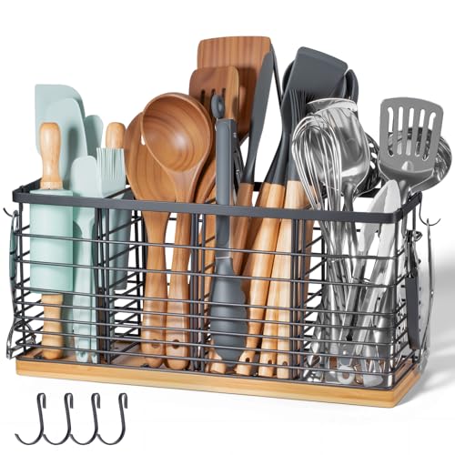 Nigelia 4 Compartments Extra Large Kitchen Utensil Holder with Wooden Base, Metal Organizer for Kitchen