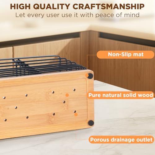 Nigelia 4 Compartments Extra Large Kitchen Utensil Holder with Wooden Base, Metal Organizer for Kitchen Countertop, Matte Black Cooking Utensils Holder with 4 Hooks for Tools Storage - My Kitchen Products