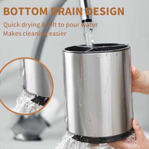 Nigelia Extra Large Kitchen Utensil Holder, 360° Rotating Stainless Steel Cooking Utensil Holder for Countertop, 3 Compartment Flatware Organizer & Cooking Caddy with Removable Base（Silvery） - My Kitchen Products