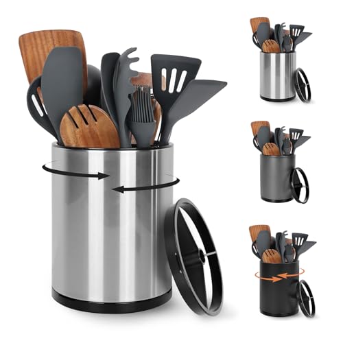 Nigelia Extra Large Kitchen Utensil Holder, 360° Rotating Stainless Steel Cooking Utensil Holder for Countertop, 3