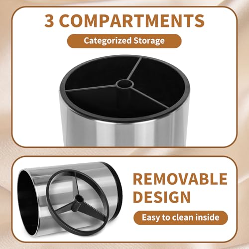 Nigelia Extra Large Kitchen Utensil Holder, 360° Rotating Stainless Steel Cooking Utensil Holder for Countertop, 3 Compartment Flatware Organizer & Cooking Caddy with Removable Base（Silvery） - My Kitchen Products