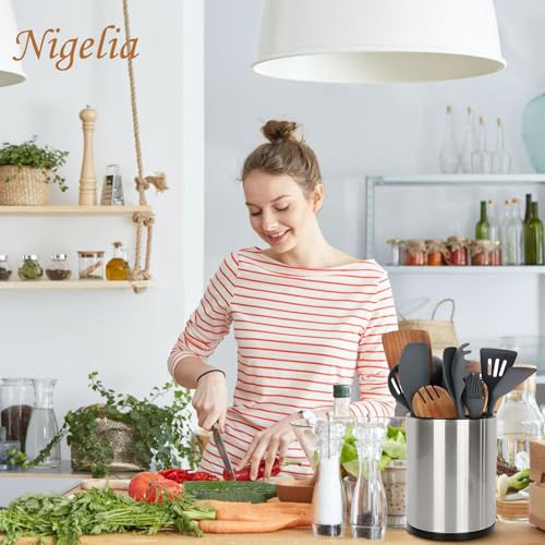 Nigelia Extra Large Kitchen Utensil Holder, 360° Rotating Stainless Steel Cooking Utensil Holder for Countertop, 3 Compartment Flatware Organizer & Cooking Caddy with Removable Base（Silvery） - My Kitchen Products