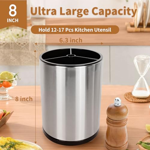 Nigelia Extra Large Kitchen Utensil Holder, 360° Rotating Stainless Steel Cooking Utensil Holder for Countertop, 3 Compartment Flatware Organizer & Cooking Caddy with Removable Base（Silvery） - My Kitchen Products