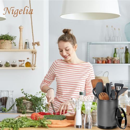 Nigelia Extra Large Kitchen Utensil Holder - 360° Rotating Stainless Steel Cooking Utensil Holder for Countertop, 3 Compartment Flatware Organizer & Utensil Caddy with Removable Base（Grey） - My Kitchen Products